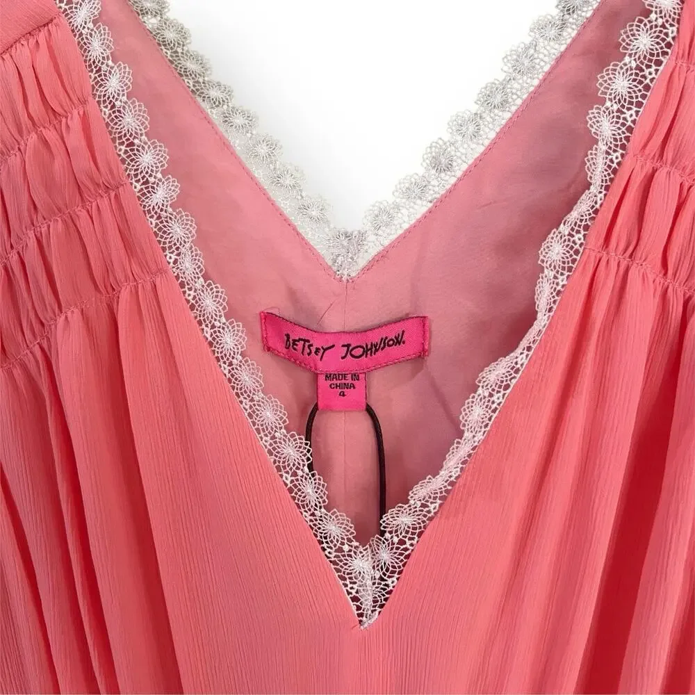 Betsey Johnson Boudoir Chiffon Maxi Dress Size 4 Flamingo Pink *FLAWED*